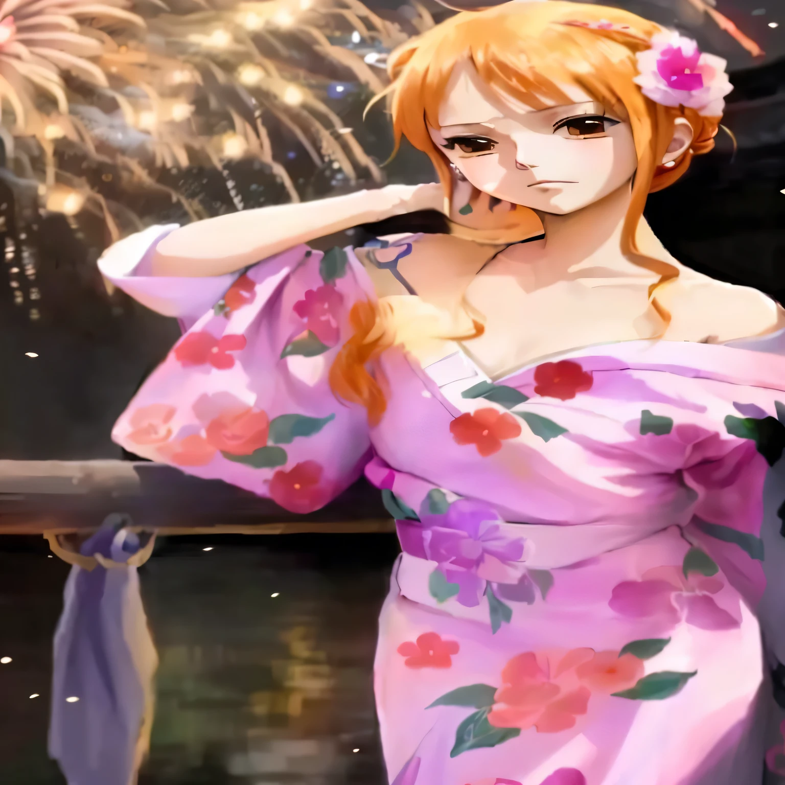 Anime girl in a kimono with fireworks in the background, we one piece, we from one piece, ((wearing a noble robe)), beautiful portrait of we, Flowing magical robes, Inspired by Sukenori Nishikawa, we, My Dress Up Darling Anime, In kimono, Wearing Imperial Kimono, Elegant yukata, illustrious makiwe