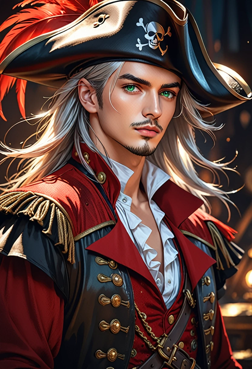 Rectangular vector art with diamonds with colorful illustration of a young man, greeneyes, long silver hair, pirate clothes, wide-brimmed hats with red feathers, (best qualityer, 4K, 8k, high resolution, Masterpiece artwork: 1.2), ultra detaild, (realisitic, fotorrealisitic ,foto-realisitic:1.37), seemingly superficial characteristics, complex pirate costume, dramatic lighting, cinematic perspective, vibrating cores, fancy, dramatic pose