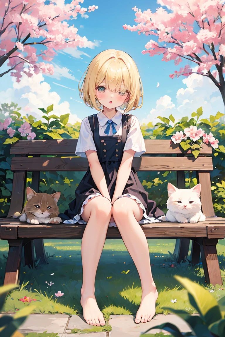 ((solo:1.2)),cute girl sitting on bench in garden,frilled dirndl,from above,looking up,cobblestone pavement,blonde hair,fine bob cut,(hair over one eye),(dappled sunlight:1.2),blurry,(depth of field:1.1),head tilt,:o,(petals),tree,butterfly, barefoot, no panties, showing pussy, legs spread