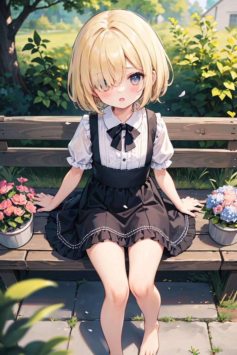 ((solo:1.2)),cute girl sitting on bench in garden,frilled dirndl,from above,looking up,cobblestone pavement,blonde hair,fine bob cut,(hair over one eye),(dappled sunlight:1.2),blurry,(depth of field:1.1),head tilt,:o,(petals),tree,butterfly, barefoot, no panties, showing pussy, legs spread