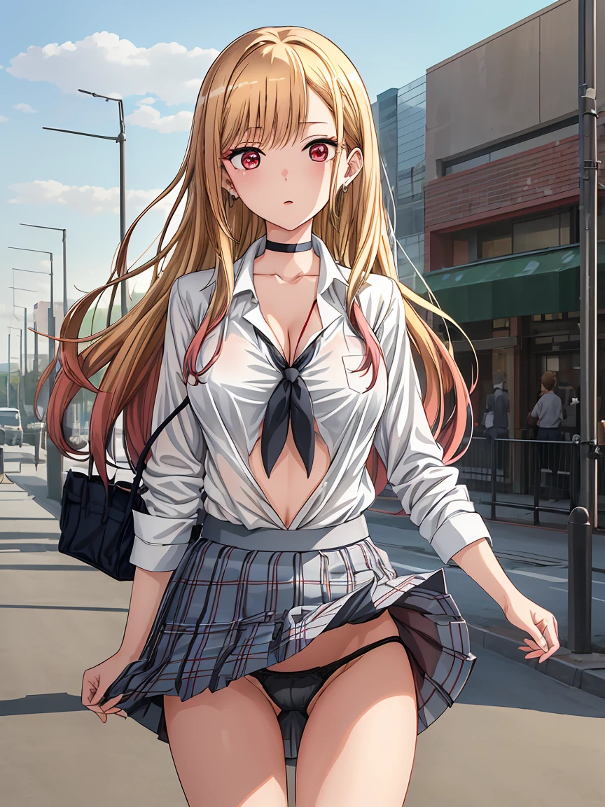 masterpiece, Highest quality, High resolution, Kidaka Marine SB, 1 girl, Blonde, Long Hair, Colorful Hair, Red eyes, jewelry, Earrings, Earrings, , White shirt, Tied Shirt, Black choker, Blue tie, Checked skirt, (whole body), Lacy black panties,(Showing panties:1.3), (Panty shot:1.3), ((Open front shirt)), (I can see your bra:1.3), Cleavage, (The wind is blowing my skirt away:1.3), Outdoor, shopping, Kitagawa Marin、 (Perfect hands, Perfect Anatomy),