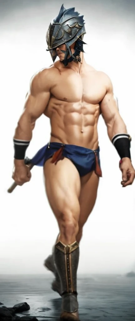 a muscular gladiator wearing a fish-shaped steel helmet