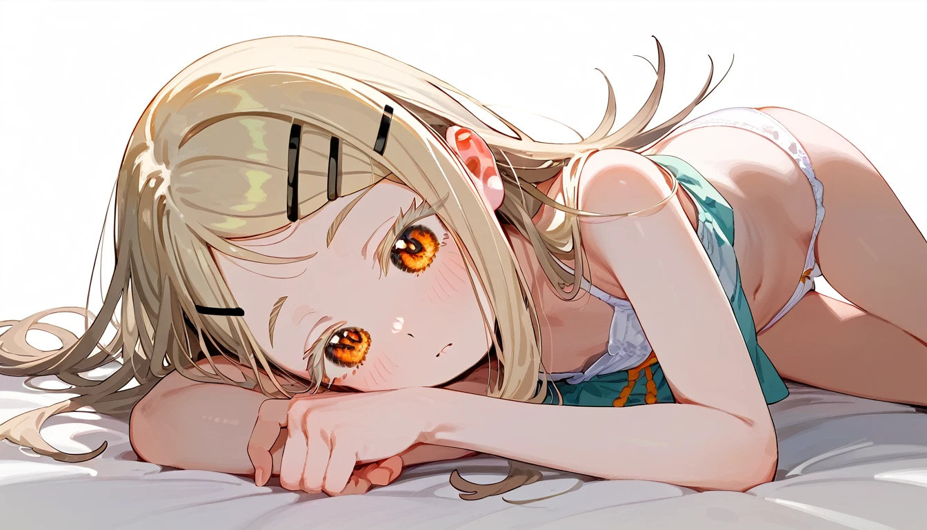 Highest quality, masterpiece, No correction, Beark,shinosawa hiro,thin,Orange eyes,White eyelashes,Blonde,Long Hair,Hair Clip,,cute panties, Head Focus,flat chest,white background,lying,