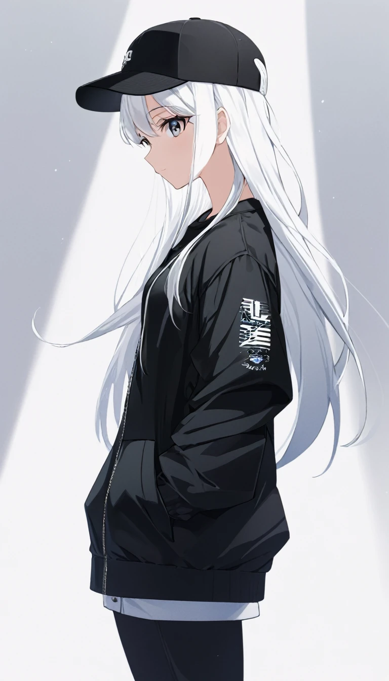 "A chibi girl with long white hair, wearing a black baseball cap and black clothing with printed graphics, standing in front. white background, Anime style, detailed and soft shading, melancholic atmosphere."