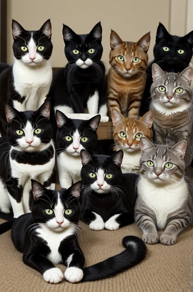 Image containing the number of 6 feline cats.
Cat number one has to be black and white with yellow eyes.. It has to be lying down The second cat has to be orange and with a lot of hair The third cat has to be medium gray fur with light eyes The fourth cat has to be black fur, fat and hairy.
The fifth cat has to be white with one eye of each color The sixth cat has to be black with yellow eyes