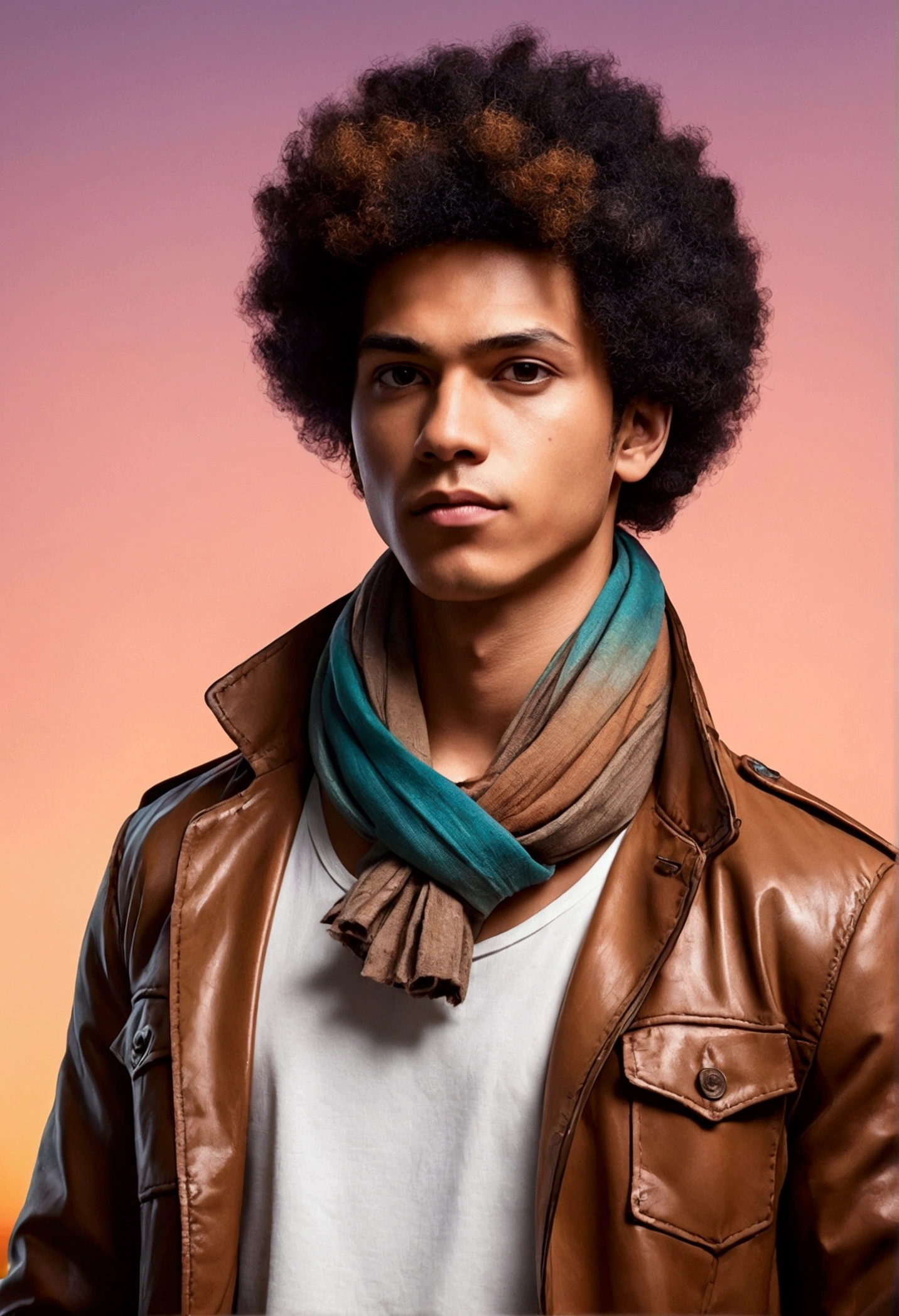 (foco frontal),Anime - style illustration of a man with a brown jacket, white t-shirt and small scarf around his neck, "(best quality,ultra-detalhado),detailed right hand,(Luva sem dedos,Gloved hands), | | |, personagem de anime masculino, Fundo da cidade, Sunset gradient background, Corte de cabelo afro curto, Homem negro, Jovem afro-americano