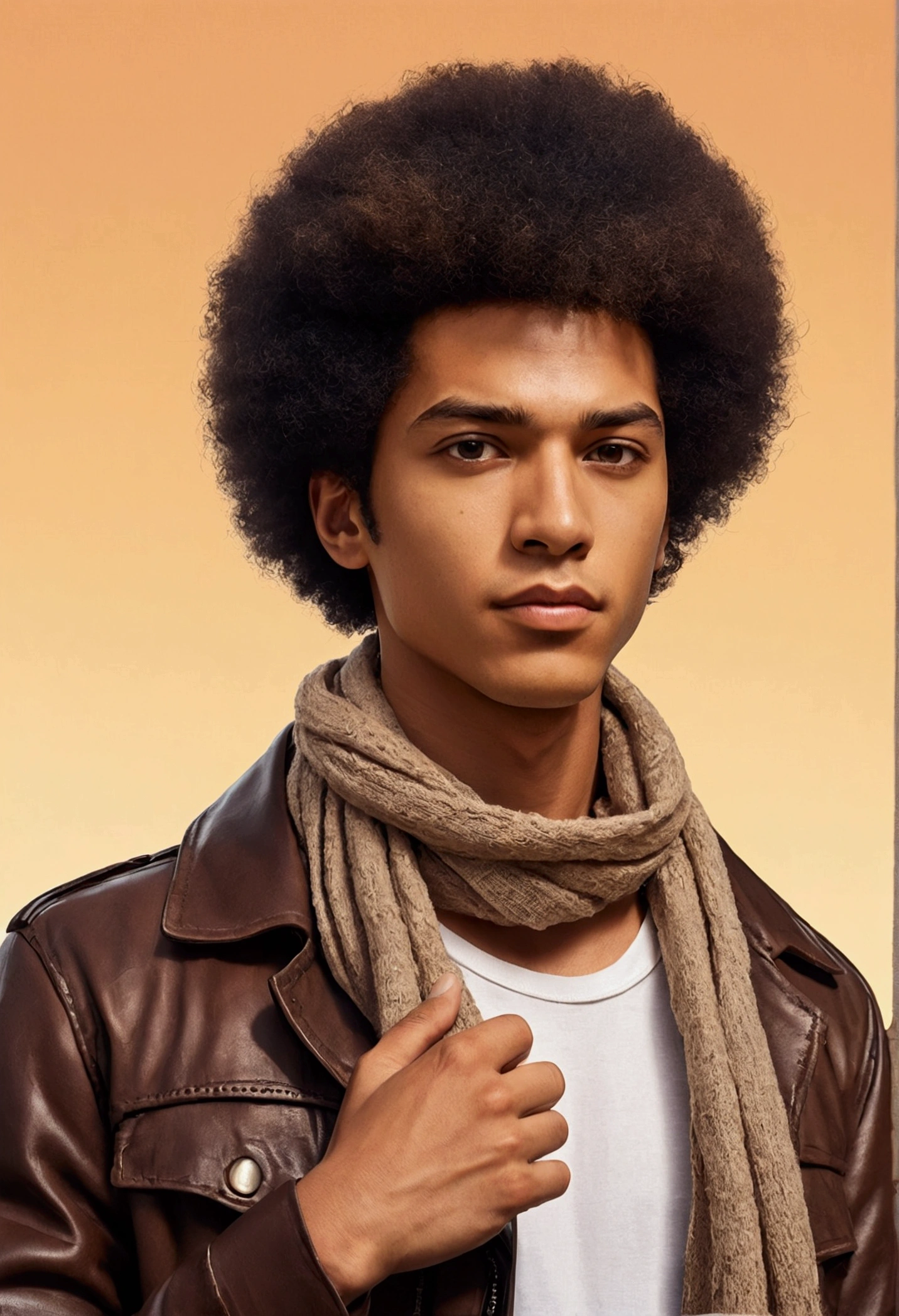 (foco frontal),Anime - style illustration of a man with a brown jacket, white t-shirt and small scarf around his neck, "(best quality,ultra-detalhado),detailed right hand,(Luva sem dedos,Gloved hands), | | |, personagem de anime masculino, Fundo da cidade, Sunset gradient background, Corte de cabelo afro curto, Homem negro, Jovem afro-americano