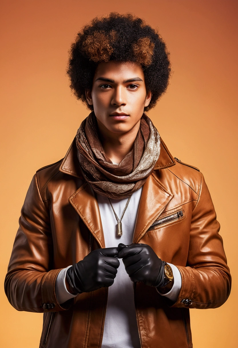 (foco frontal),Anime - style illustration of a man with a brown jacket, white t-shirt and small scarf around his neck, "(best quality,ultra-detalhado),detailed right hand,(Luva sem dedos,Gloved hands), | | |, personagem de anime masculino, Fundo da cidade, Sunset gradient background, Corte de cabelo afro curto, Homem negro, Jovem afro-americano
