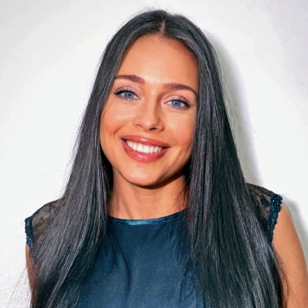 smiling woman with long blond and BLUE eyes