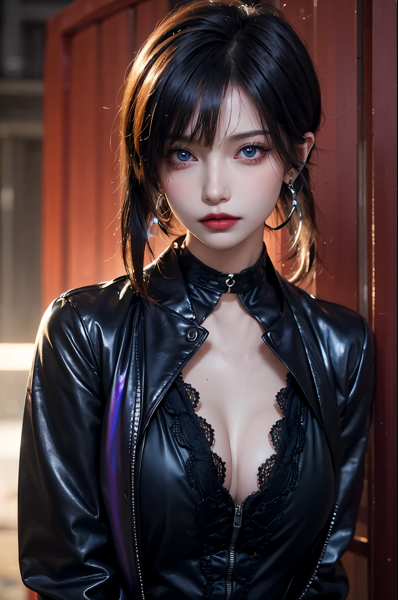 hair above one eye, red eyes, clear eyes, choker, open jacket, towards the wall,shining grafiti, shineing tattoos, shine, neon light, Black light,anime style, movie portrait photography, 1 female, 22 years ago, Full body Esbian,Blue eyes background, big and full breasts, Anger, (scarlet colored hair), long hair, purple eyes, wearing a short black dress, (natural skin texture vivid details, surreal, (realistic detailed eyes, natural skin texture, realistic facial details), soft and dramatic lighting, Depth of written boundary, bokeh, vivid details, surreal, 35mm movie, hazy blur, movie,lipstick, ear piercing, eye shadow, hoop earrings, Red-pink lips, Multicolored red eyes, purple theme,Wear an iridescent aura,beautiful eyes,stand in front of the red gate、bold pose、decide on a pose,upper ponytail,Hanging bangs,sit