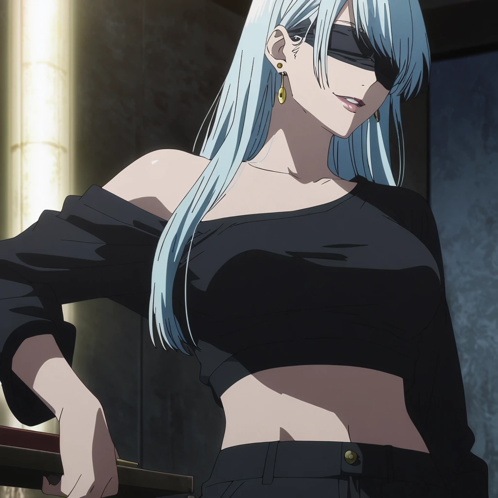 1girl, female gojo satoru, anime screencap from jujutsu kaisen, gojo satoru female version, solo, long_hair, ((wearing black blindfold)) ((White_hair)), night view, (hanging breasts) upper_body, smile, indoors, book, lips, (slightly straight hair) ((wearing black colour crop top off the shoulder and black colour pant)) breast, "very detailed and high resolution" (black blindfold) ((solo)) (((front view))) (earings) ((high resolution)) ((good quality)) ((swept bangs)) 