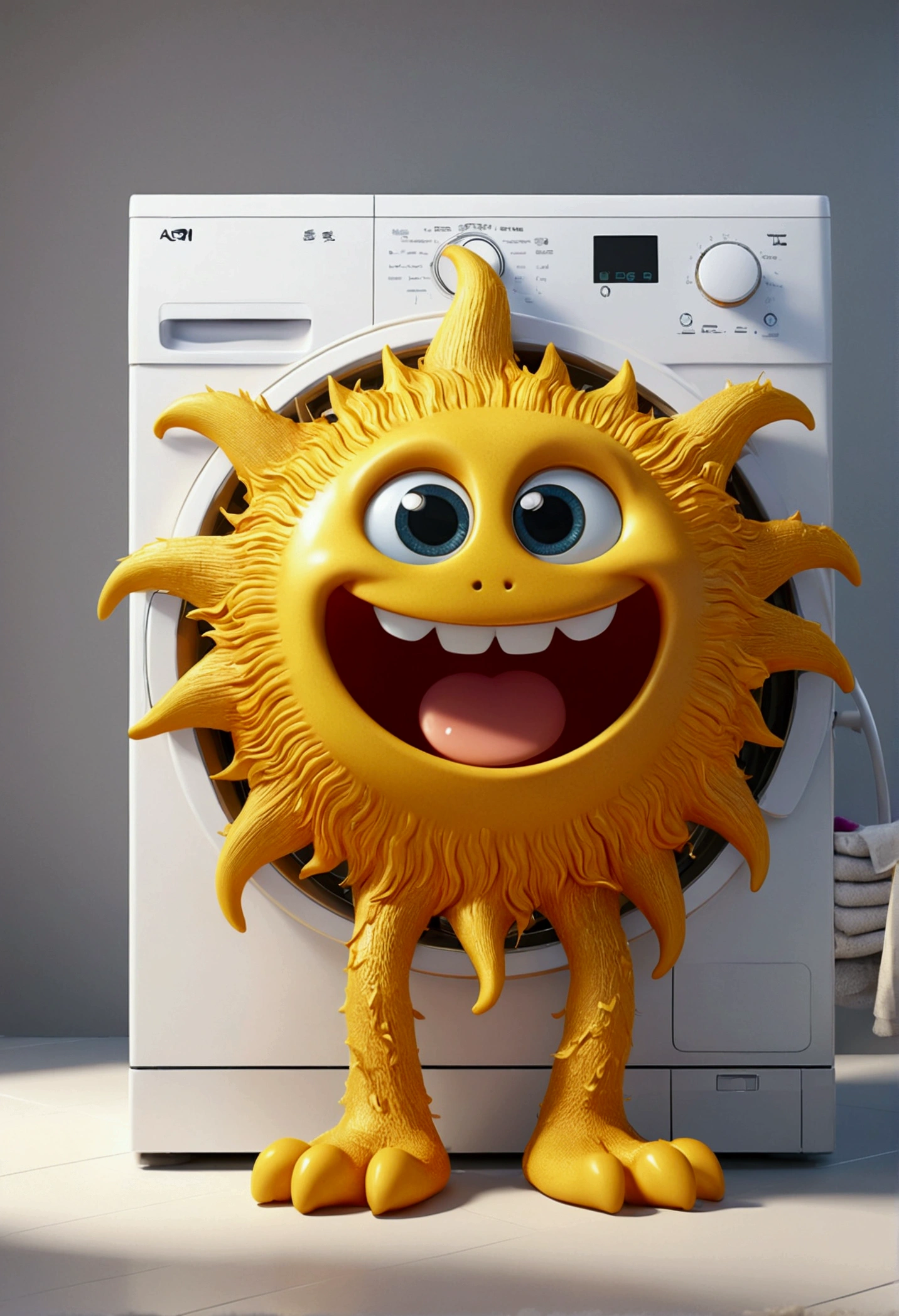 A cute sun monster with a smiling face and happy eyes, washing machine until it turns perfect golden with a happy touch. The character is designed in the style of Pixar animation, featuring a bright and fun design, washing clothes. --ar 1:1 -- in 6.0 --3D rendering
