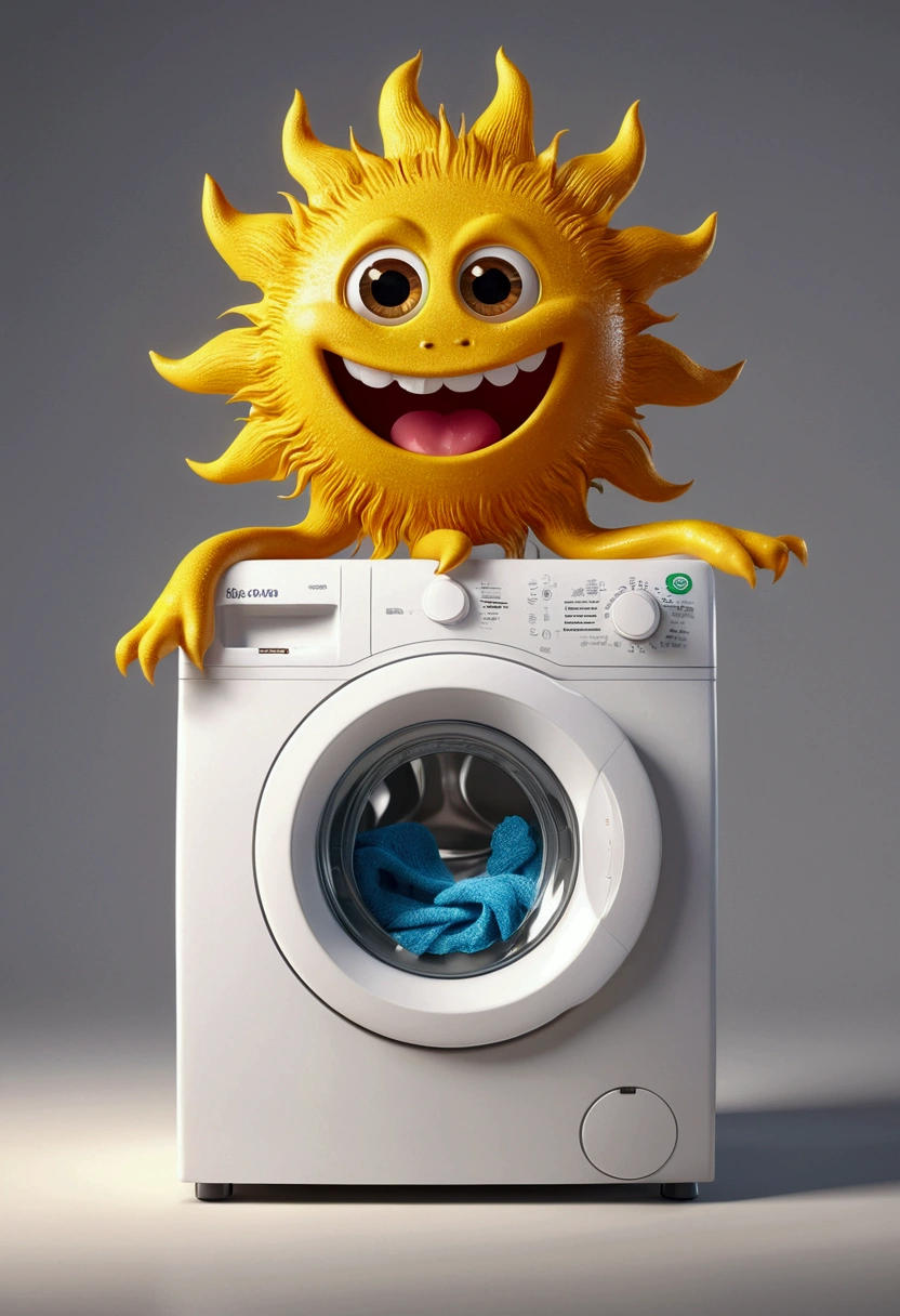 A cute sun monster with a smiling face and happy eyes, washing machine until it turns perfect golden with a happy touch. The character is designed in the style of Pixar animation, featuring a bright and fun design, washing clothes. --ar 1:1 -- in 6.0 --3D rendering