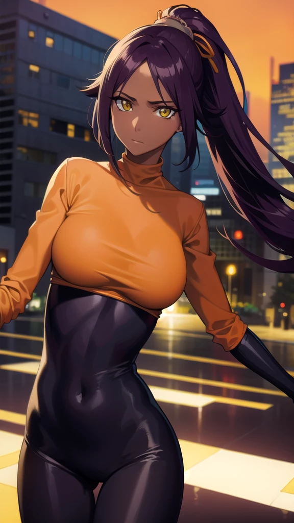 BREAK looking at viewer,BREAK (masterpiece:1.2), best quality, high resolution, unity 8k wallpaper, (illustration:0.8), (beautiful detailed eyes:1.6), extremely detailed face, perfect lighting, extremely detailed CG, (perfect hands, perfect anatomy),yoruichi shihouin, long hair, (yellow eyes:1.5),city,in street,night,lights,wet road,reflections,ponytail, purple hair, dark skin, dark-skinned female,
bodysuit, black bodysuit, bodysuit under clothes, (orange shirt:1.5), long sleeves,