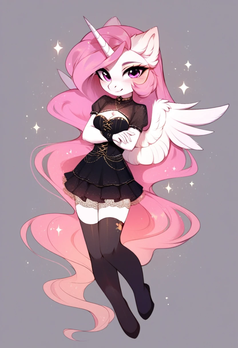 check_9, check_8_up, check_7_up, source_fluffy, rating_safe, from Magnaluna, Celestia poses seductively in a white bedroom, hair bun with bangs, pink eyes, white body, anthro, blushing, wearing purple see through dress, full body