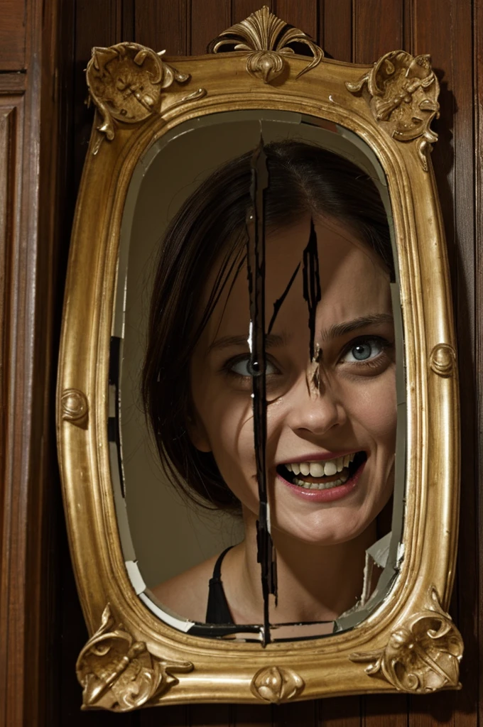 4. Smashing the Mirror:
• Sarah in the act of smashing the mirror with a frightened expression. The mirror is shattering, and her reflection still has that sinister grin.