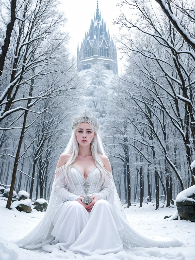 araffes is sitting in the snow with a white dress, goddess of winter, queen of winter, winter princess, white witch, beautiful ancient frost witch, ice queen, dressed in a beautiful white, pale snow white skin, queen of ice and storm, a beautiful AMBER HEARD in white, the ice queen, beautiful elven princess, ethereal beauty, ice sorceress