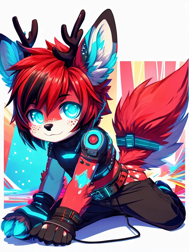 one cute anthro, fluffy red deer boy, (red fur), bright red hair with black highlights, glowing cyan eyes, tecnologycal, android deer, glowing cyan and black lights running over his body, glowing cyan fawn spots, glowing cyan freckles, deer hooves, deer tail, deer ears, antlers, antenna, radio, tv, technology, wearing cyberpunk outfit, jogger black pants with many belts and a cropped sleeveless black turtleneck, teenager, ((cute)), adorable, fluffy, young, androgynous, femboy, red black and cyan color scheme, small, short, chibi, (solo), not fat nor muscular nor thin, normal body, Short hair, small tail