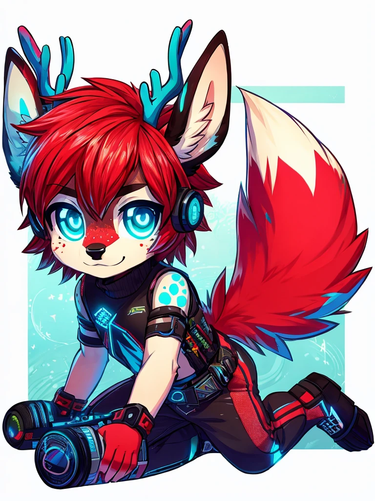 one cute anthro, fluffy red deer boy, (red fur), bright red hair with black highlights, glowing cyan eyes, tecnologycal, android deer, glowing cyan and black lights running over his body, glowing cyan fawn spots, glowing cyan freckles, deer hooves, deer tail, deer ears, antlers, antenna, radio, tv, technology, wearing cyberpunk outfit, jogger black pants with many belts and a cropped sleeveless black turtleneck, teenager, ((cute)), adorable, fluffy, young, androgynous, femboy, red black and cyan color scheme, small, short, chibi, (solo), not fat nor muscular nor thin, normal body, Short hair, small tail