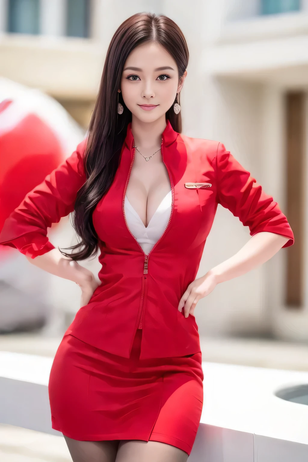 (masterpiece:1.2, Highest quality:1.2), 32k HDR, High resolution, (alone, 1 Girl), （AirAsia stewardess uniform realistic style）, A proper woman, Beautiful Face, Brown Hair, (Long hair down to the legs), (Red jacket:1.1, Unzipped jacket, Unbuttoned white shirt:1.05, Red mini skirt:1.1, pantyhose),（Showing big  through cleavage in unbuttoned white shirt）、（long hair that reaches down to the legs）、Perfect slim body:1.1, Huge breasts, huge breasts cleavage, Detailed skin texture, Beautiful Eyes, (Attractive look:1.2), necklace、Earrings、(forward leaning posture:1.5）, On the roof of a building, Rooftop at daytime,blue eyes、Hands should be lowered