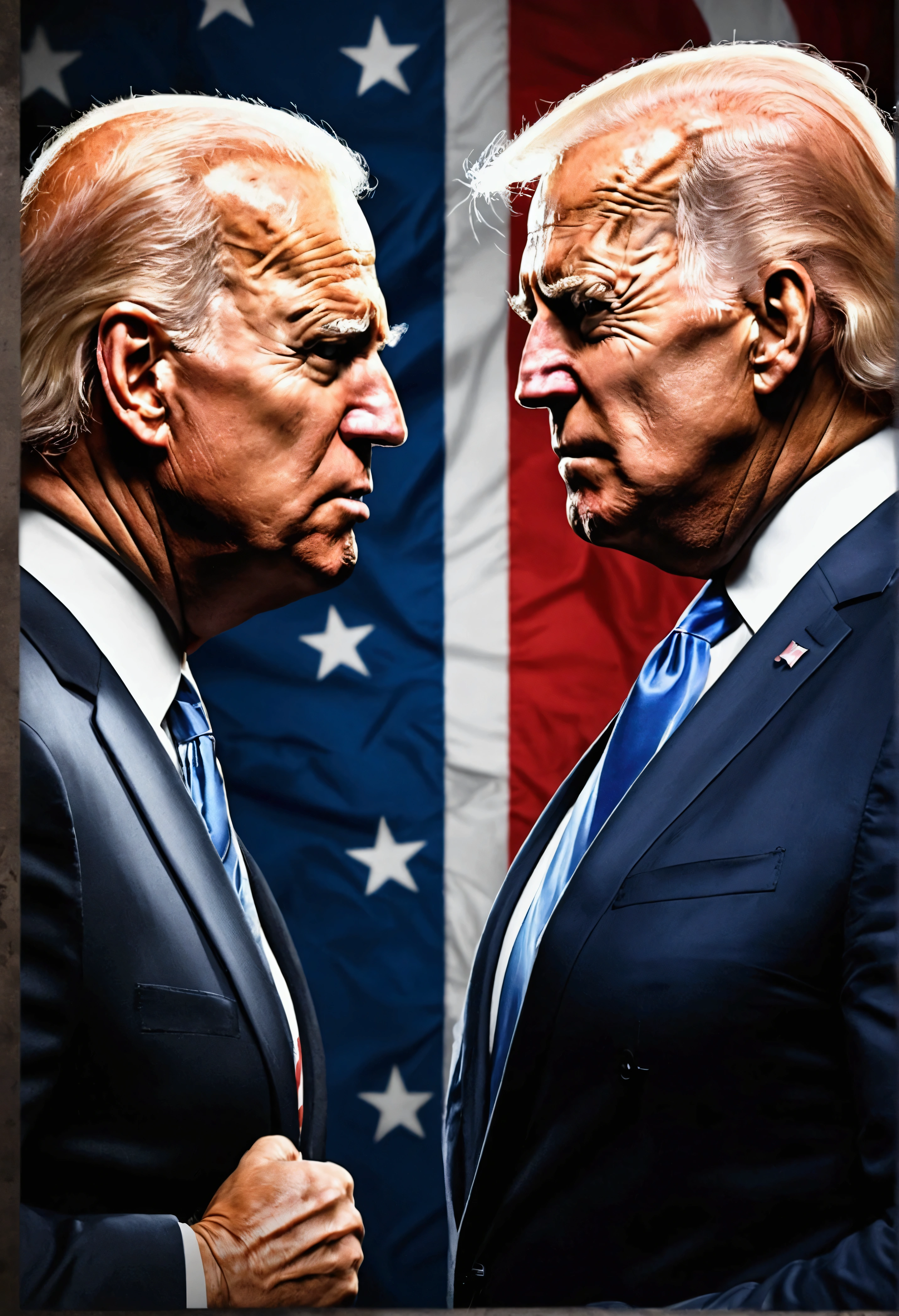 An image depicting Donald Trump and Joe Biden facing off like UFC fighters, designed as a UFC fight card poster. They are standing face to face in combat poses, with serious and intense expressions. Donald Trump is on the left, wearing a stylized suit with fight elements, while Joe Biden is on the right, dressed similarly. In the background, there is a blend of the Democratic and Republican party flags or the American flag, creating a scene of intense political rivalry. The flags should be stylized with strong, contrasting colors to highlight the confrontation. Close-up, realistic details, with an octagon UFC setting.