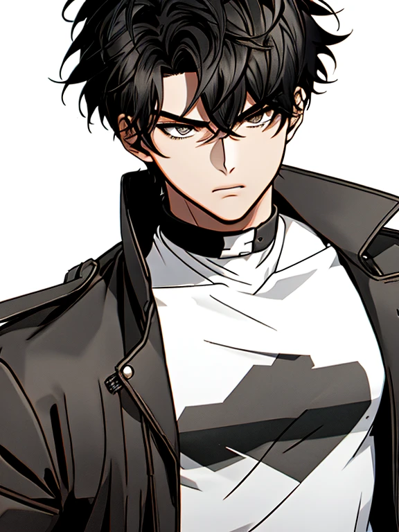 1boy, black hair, white background, short cut hair, leather jacket, tshirt, upper body, detailed shape, detailed line, art of fighting attitude, color manga style