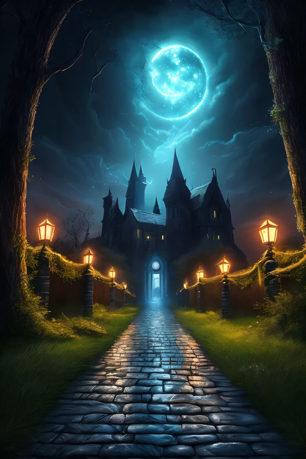 ((best quality)), ((masterpiece)), (detailed), A digital illustration of a dark haunted area with shimmering, magical boundaries around it