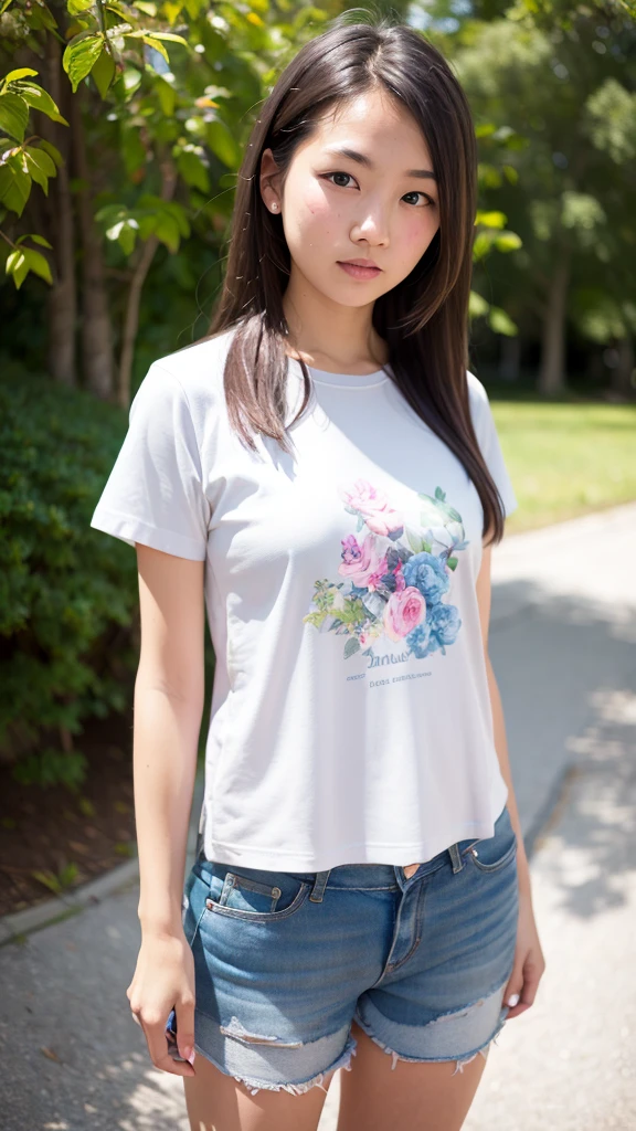 Thai girl, t-shirt, half body, (8ก, raw photos, best quality, Masterpiece:1.2), (realistic, photo-realistic:1.37), very high, depth of field, Chromatic aberration, caustic soda, wide light, natural shading,Fujifilm XT3,Masterpiece,very detailed,rin,uniform,1 girl, alone,stand, look at viewer, outdoor,Plain background