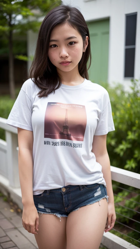 Thai girl, t-shirt, half body, (8ก, raw photos, best quality, Masterpiece:1.2), (realistic, photo-realistic:1.37), very high, depth of field, Chromatic aberration, caustic soda, wide light, natural shading,Fujifilm XT3,Masterpiece,very detailed,rin,uniform,1 girl, alone,stand, look at viewer, outdoor,Plain background