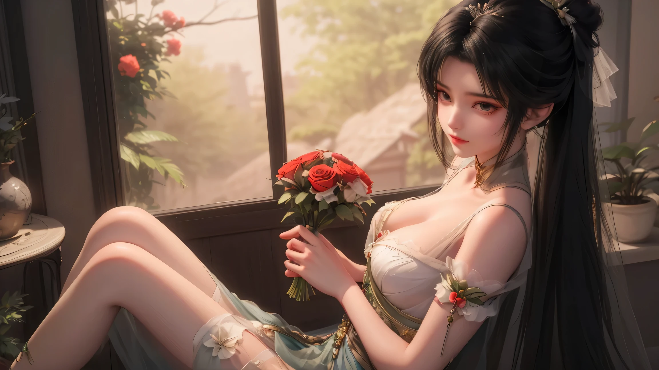 Limuwan,front-side view of a girl with long black hair wearing red tulle and  red long skirt,red bra,with a bouquet of roses in his hand,white veil,high_heels,in the bedroom,sitting on the bed,highly detailed,ultra-high resolutions,32K UHD,best quality,masterpiece,solo，