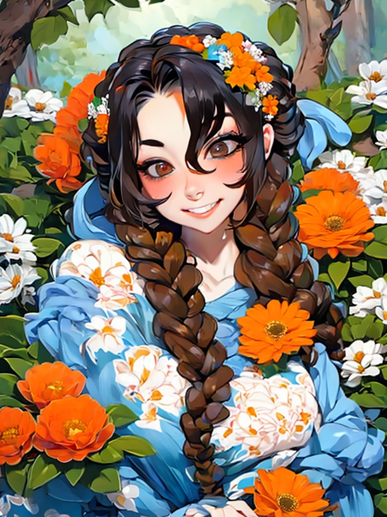 lady with flowers on her head is an acrylic painting, in the style of lucy glendinning, tony diterlizzi, organic and naturalistic compositions, floral explosions, ferris plock, light orange and brown, serene faces --ar 3:4 -