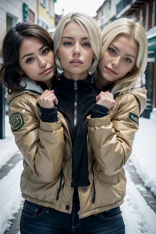 best resolution, 3 heads, Mexican woman next to blonde scandinavian woman, short tied hair, winter jacket, going separate ways, stuck together