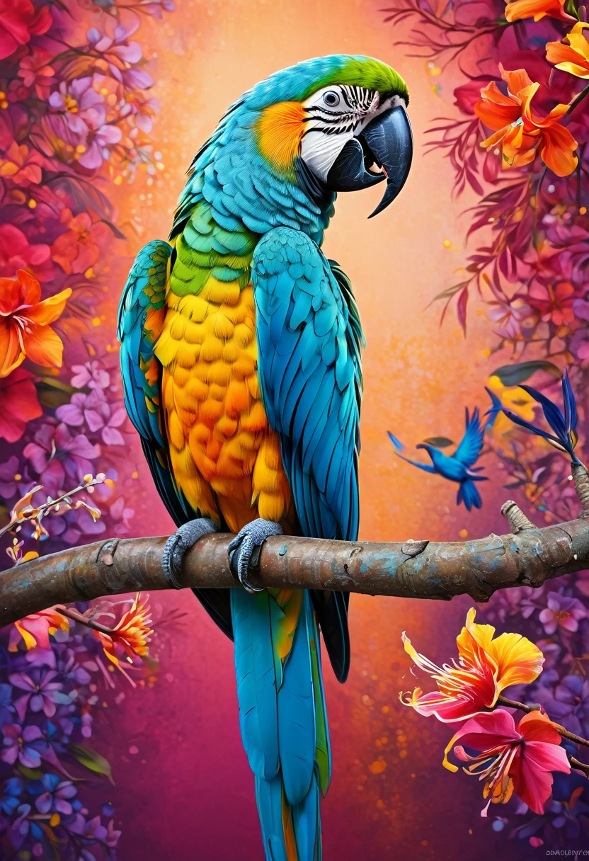 A colorful parrot sitting on a branch with flowers in the background, Detailed painting by Mario Dubski, Shutterstock contest winner, psychedelic art, Colorful and detailed, Colors with attention to detail, colorfully!! very detailled, Very complex and colorfully, A complex and colorfully masterpiece, A colorfully and exquisite masterpiece, bright colors very detailled, 非常に詳細でcolorfully, Ether Macaw