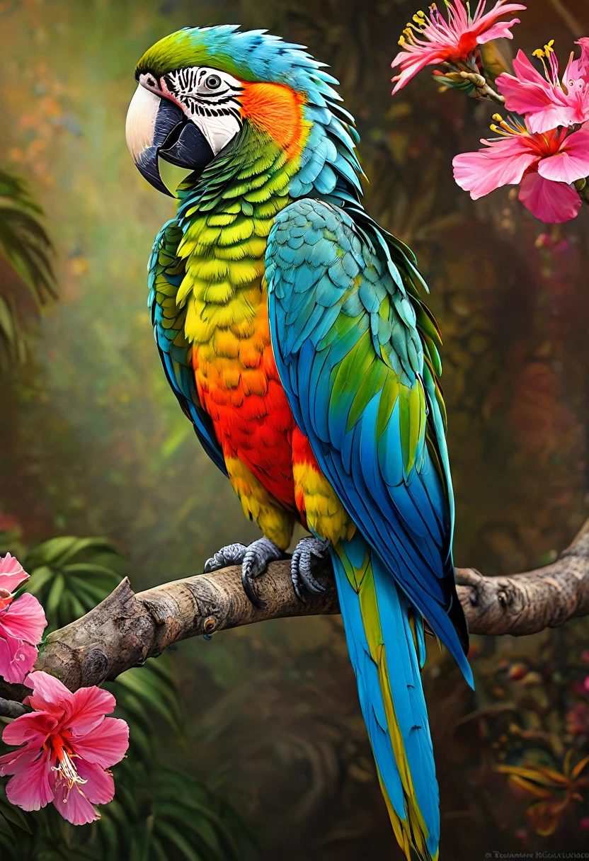 A colorful parrot sitting on a branch with flowers in the background, Detailed painting by Mario Dubski, Shutterstock contest winner, psychedelic art, Colorful and detailed, Colors with attention to detail, colorfully!! very detailled, Very complex and colorfully, A complex and colorfully masterpiece, A colorfully and exquisite masterpiece, bright colors very detailled, 非常に詳細でcolorfully, Ether Macaw