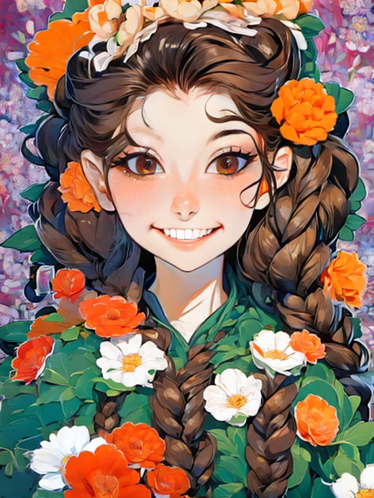 lady with flowers on her head is an acrylic painting, in the style of lucy glendinning, tony diterlizzi, organic and naturalistic compositions, floral explosions, ferris plock, light orange and brown, serene faces --ar 3:4 -