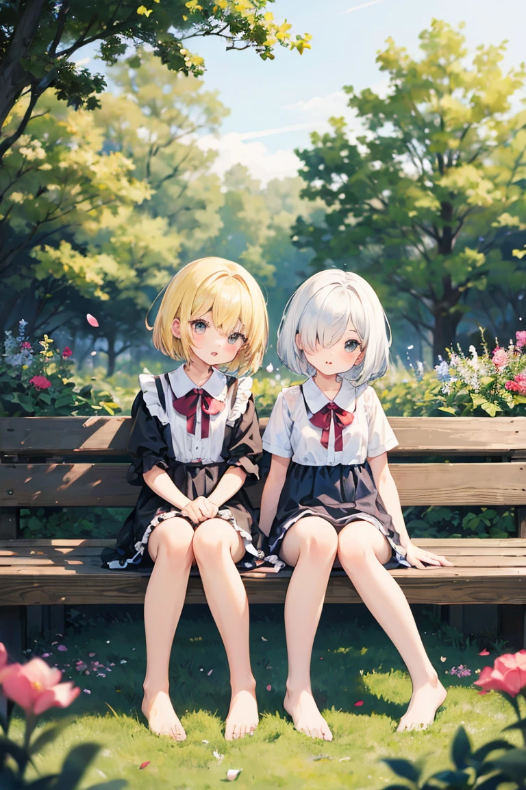 ((2 girls)),cute girl sitting on bench in garden,frilled dirndl,from above,looking up,cobblestone pavement,blonde hair,fine bob cut,(hair over one eye),(dappled sunlight:1.2),blurry,(depth of field:1.1),head tilt,:o,(petals),tree,butterfly, barefoot, no panties, showing pussy, legs spread, uncensored