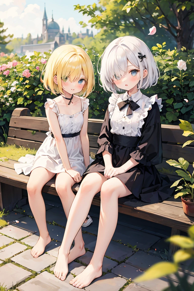 ((2 girls)),cute girl sitting on bench in garden,frilled dirndl,from above,looking up,cobblestone pavement,blonde hair,fine bob cut,(hair over one eye),(dappled sunlight:1.2),blurry,(depth of field:1.1),head tilt,:o,(petals),tree,butterfly, barefoot, no panties, showing pussy, legs spread, uncensored