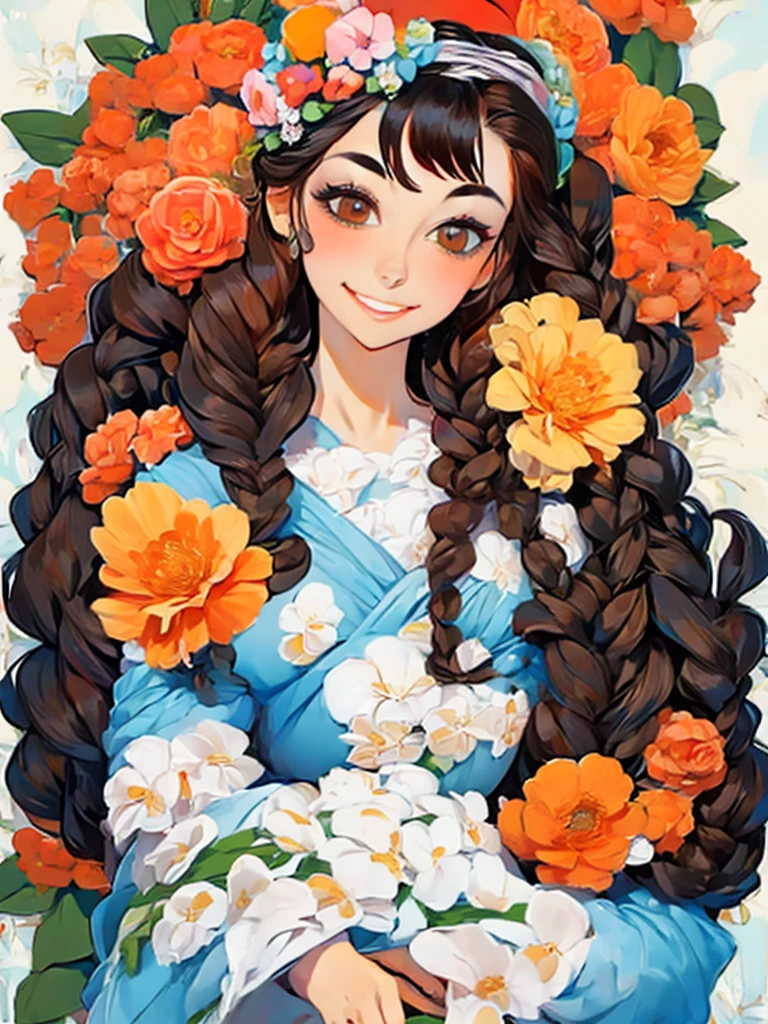 lady with flowers on her head is an acrylic painting, in the style of lucy glendinning, tony diterlizzi, organic and naturalistic compositions, floral explosions, ferris plock, light orange and brown, serene faces --ar 3:4 -