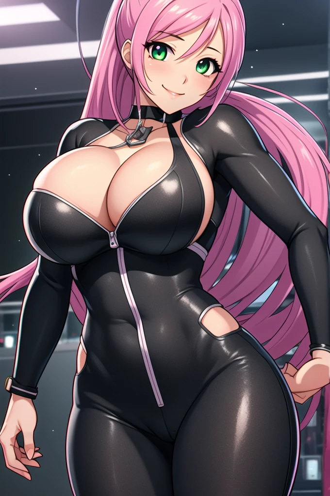 1 girl, 19 years old, Long pink hair, green eyes with slit pupils, master-piece, best quality, (standing up), (hair in a ponytail), (yellow and black jumpsuit, cleavage),  (Big , ultra gigantic , Super super big, Glamorous body), Make eye contact with the camera, front figure, looking forward, (light_Smile:1.5), (Detailed hands and fingers:1.2) (Cyberpunk City), (FULL BODYSHOT), thighs thighs thighs thighs、beauty legs、Bare legs