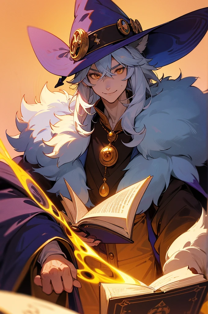 Furry wolf,male.wizard,cool,less talk ((make a light smile)),high quality color,warm background ((magical astmosphere)),cool face,wear a monocle,the furry man is holding a book look like a librarian and a witch, in a witch's room, big fluffy tail, The wolf's neck fur is of moderate length.