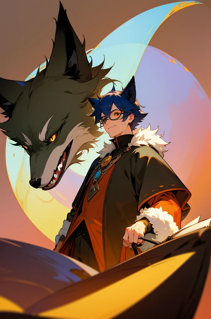 Furry wolf,male.wizard,cool,less talk ((make a light smile)),high quality color,warm background ((magical astmosphere)),cool face,wear a monocle,the furry man is holding a book look like a librarian and a witch, in a witch's room, big fluffy tail, The wolf's neck fur is of moderate length.