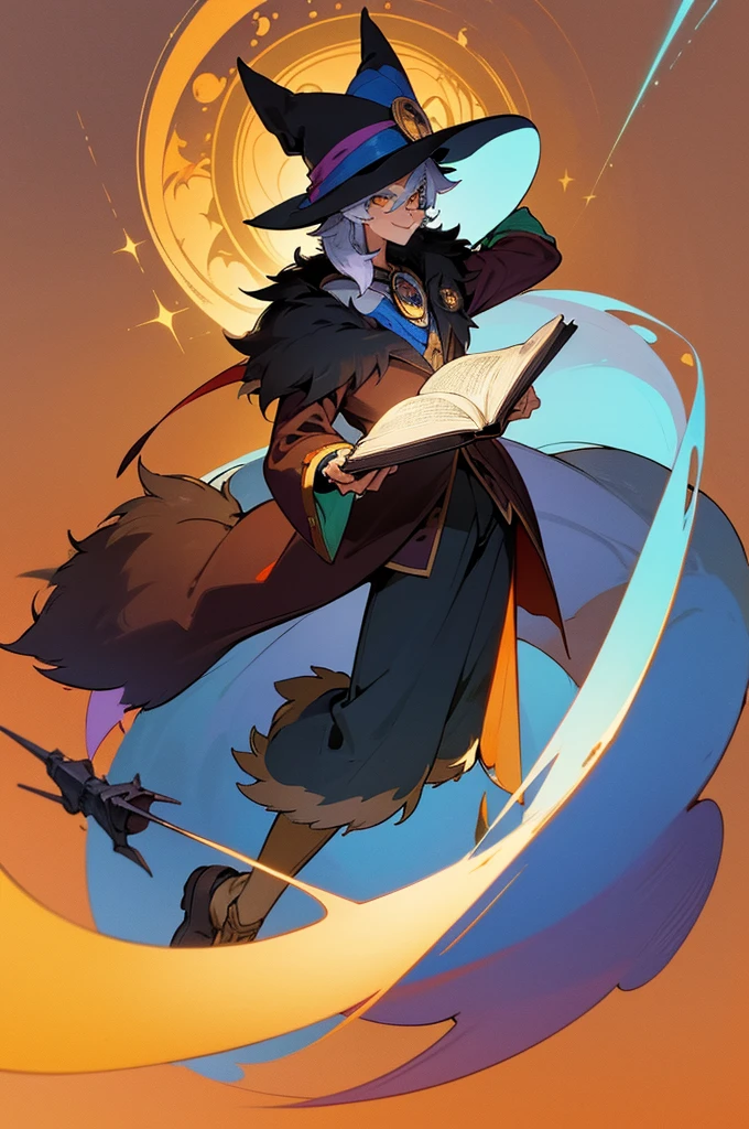 Furry wolf,male.wizard,cool,less talk ((make a light smile)),high quality color,warm background ((magical astmosphere)),cool face,wear a monocle,the furry man is holding a book look like a librarian and a witch, in a witch's room, big fluffy tail, The wolf's neck fur is of moderate length.