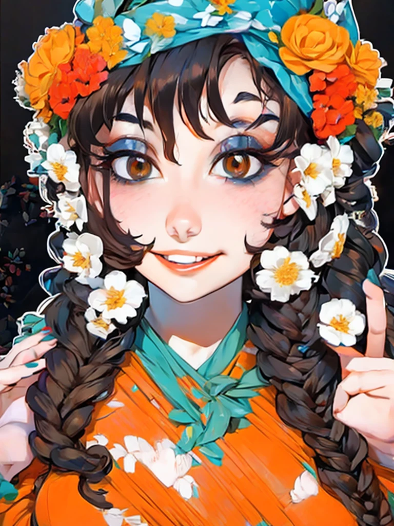 lady with flowers on her head is an acrylic painting, in the style of lucy glendinning, tony diterlizzi, organic and naturalistic compositions, floral explosions, ferris plock, light orange and brown, serene faces --ar 3:4 -