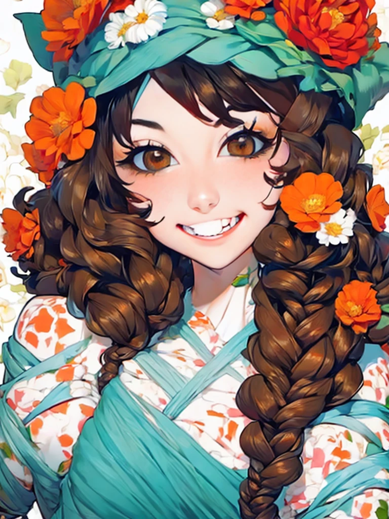 lady with flowers on her head is an acrylic painting, in the style of lucy glendinning, tony diterlizzi, organic and naturalistic compositions, floral explosions, ferris plock, light orange and brown, serene faces --ar 3:4 -
