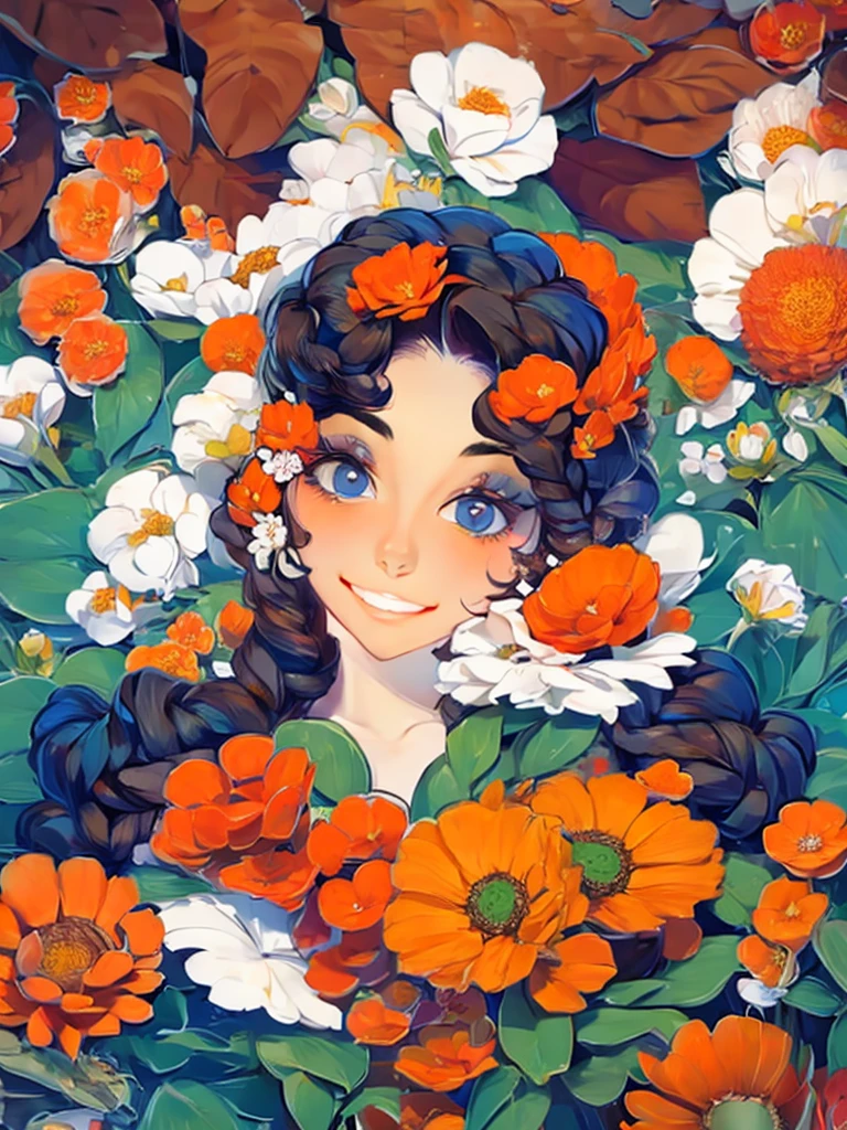 lady with flowers on her head is an acrylic painting, in the style of lucy glendinning, tony diterlizzi, organic and naturalistic compositions, floral explosions, ferris plock, light orange and brown, serene faces --ar 3:4 -