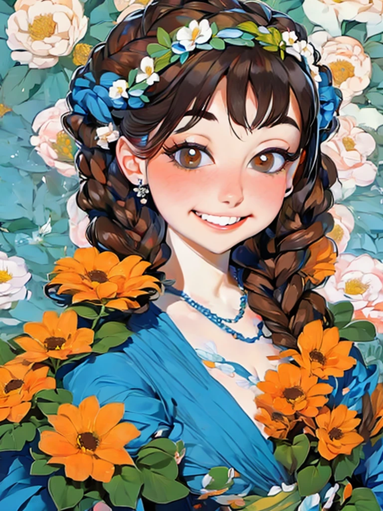 lady with flowers on her head is an acrylic painting, in the style of lucy glendinning, tony diterlizzi, organic and naturalistic compositions, floral explosions, ferris plock, light orange and brown, serene faces --ar 3:4 -