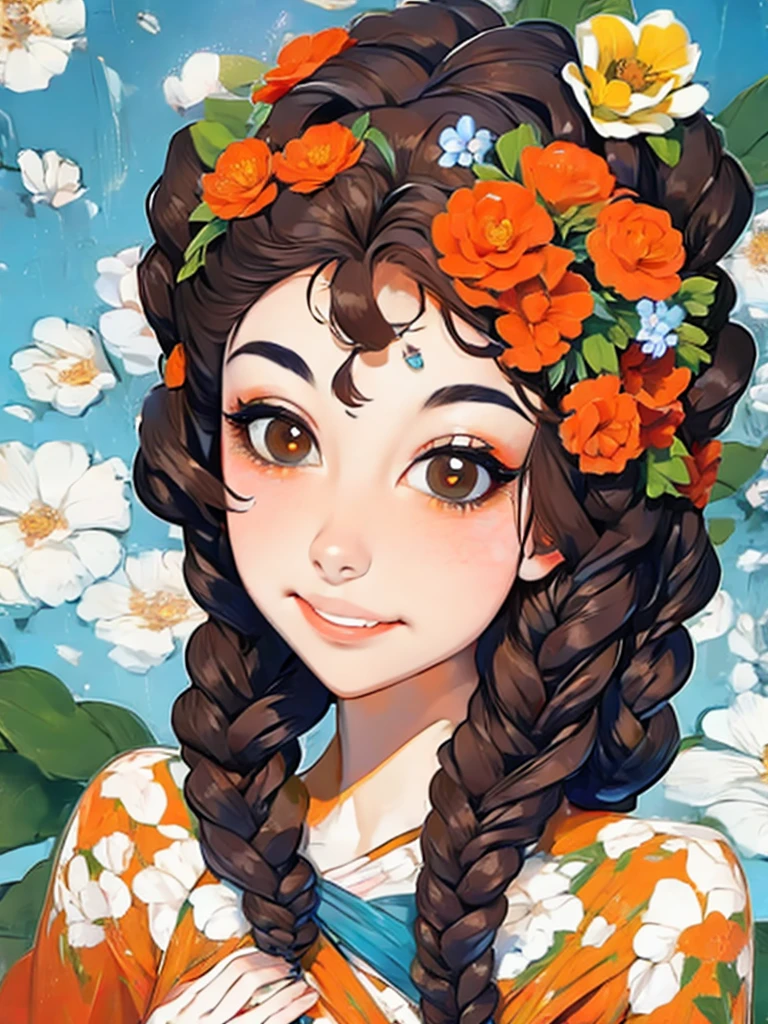 lady with flowers on her head is an acrylic painting, in the style of lucy glendinning, tony diterlizzi, organic and naturalistic compositions, floral explosions, ferris plock, light orange and brown, serene faces --ar 3:4 -