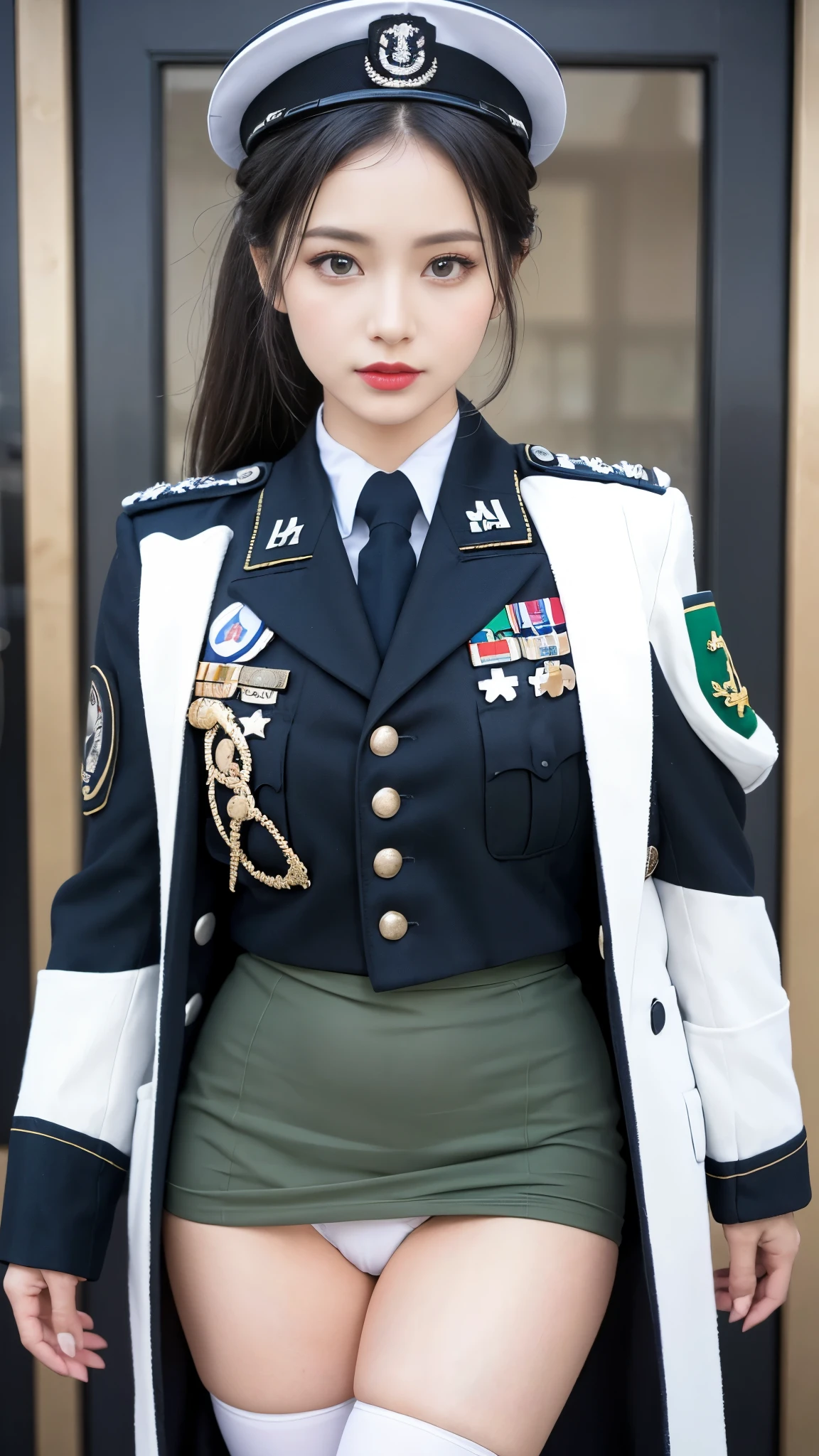 (Military girl: 1.5), highest quality、16K high resolution、Super detailed、masterpiece、Live shooting、realistic:1.4、hyper realism:1.4、sharp focus、very delicate and beautiful、small details、1 female、(european:1.2)、(from below)、(showing panties: 1.3)、(white panties:1.3)、(Cameltoe: 1.2)、 (standing, front)、(super beautiful)、(beautiful face:1.5)、(ponytail, stockings)、(detailed face)、(fine and beautiful eyes)、Perfect round eyes、(detailed lips)、Lipstick、(eyeliner)、mascara、eye shadow、(military uniform, green pencil skirt,)、white shirt、green suit, tie、At SFW