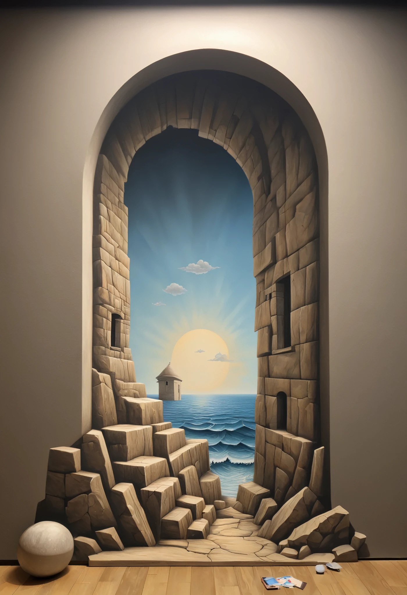 Optical Illusion art, Optical Illusion effect, trompe l'oeil, 3d painting on the wall, hand draw, reality, fantasy art, enhance, intricate, (best quality, masterpiece, Representative work, official art, Professional, 8k)