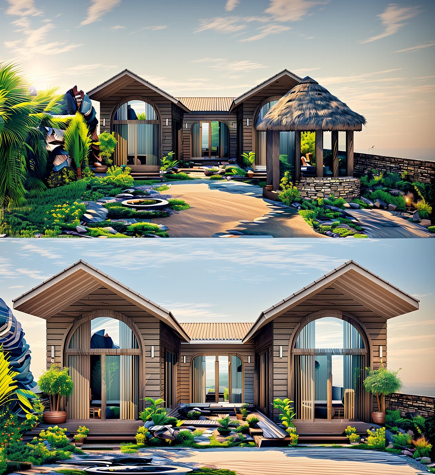 Realistic images, extremely detailed, a modern house,(((1 road in font of house))), large yard made by ceramic, (1 car), brick fence, lawn, a few small flowers, a road in front of the house, main materials of the house are white walls and red brick, Modern design, clear blue sky, sunrise light, light from inside, dynamic light,shimering light, cinematic light, romantic feeling, (((day light, warm light)))